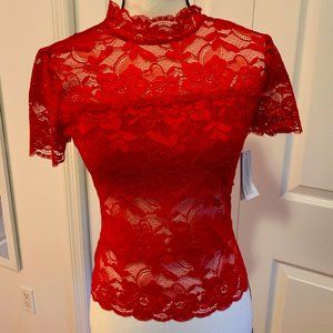 NWT Guess Mockneck Red Lace Top Sz S